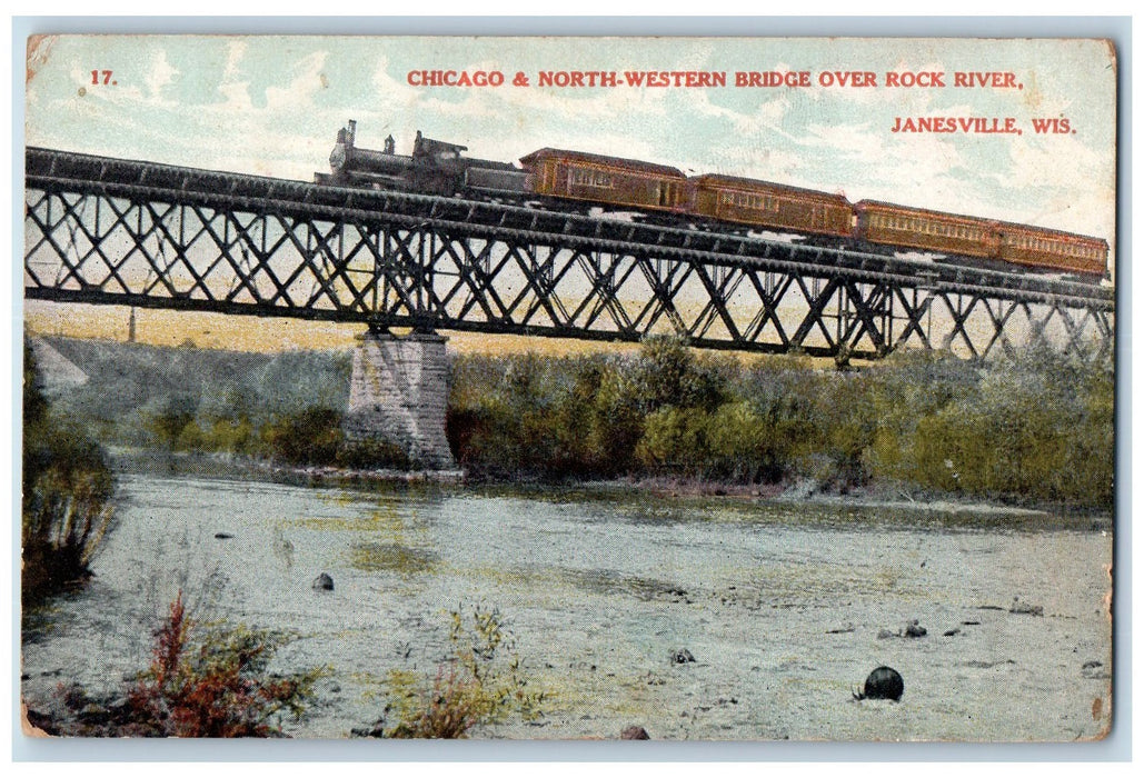 c1950 Chicago North Western Truss Bridge Rock River Train Janesville WI Postcard