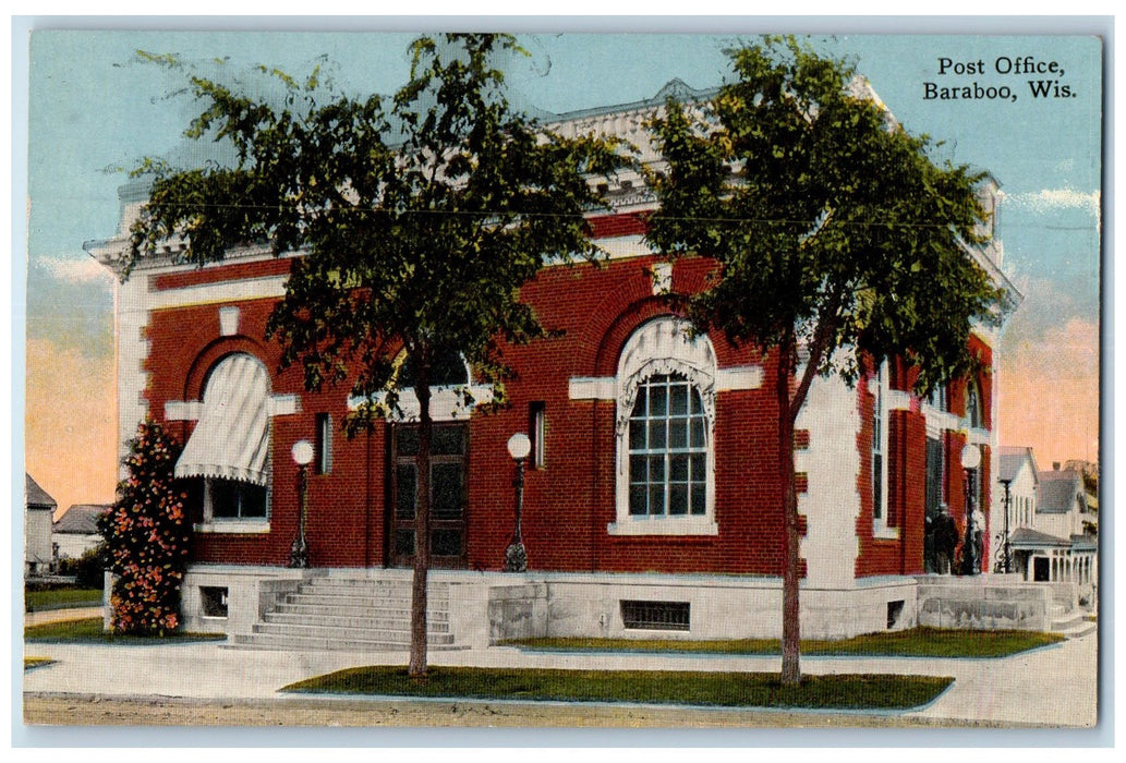 c1950 Post Office Building Stairs Entrance Trees Baraboo Wisconsin WI Postcard
