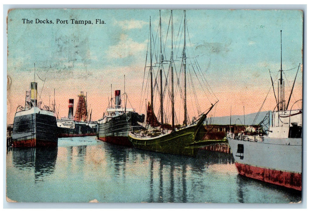 1912 The Docks Port Tampa Passenger Boats Ships Smokestacks Tampa FL Postcard