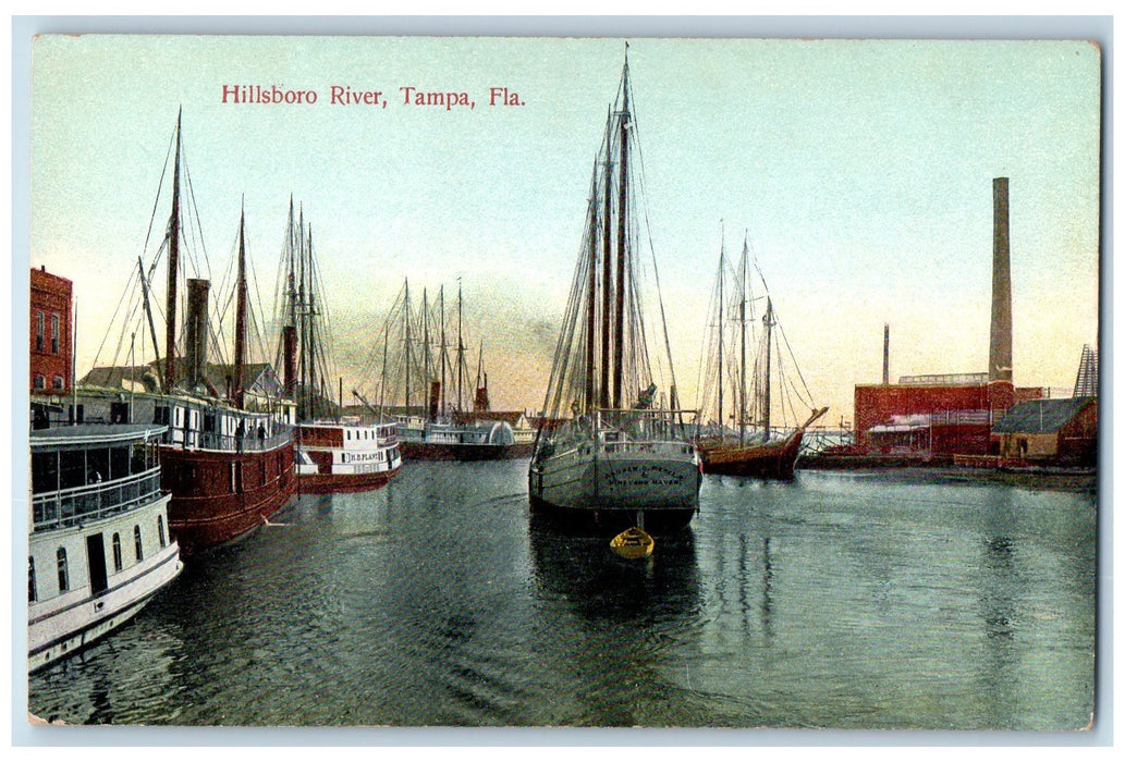 c1950's Hillsboro River Docks Boats Ship Smokestacks Tampa Florida FL Postcard