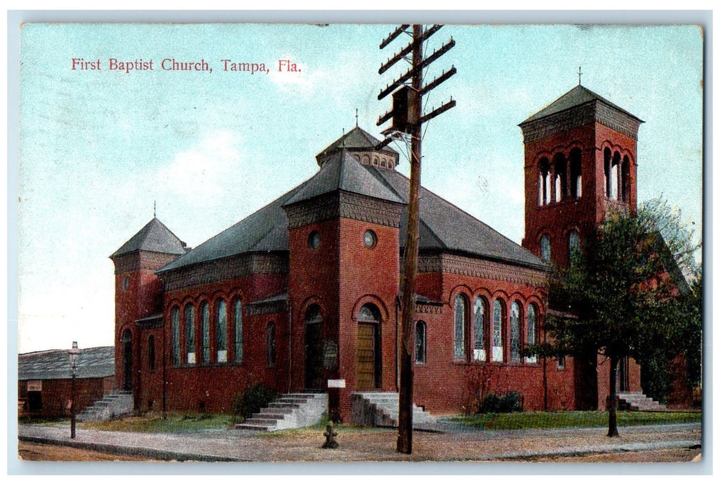 1907 First Baptist Church Building Cross Tower Stairs Tampa Florida FL Postcard