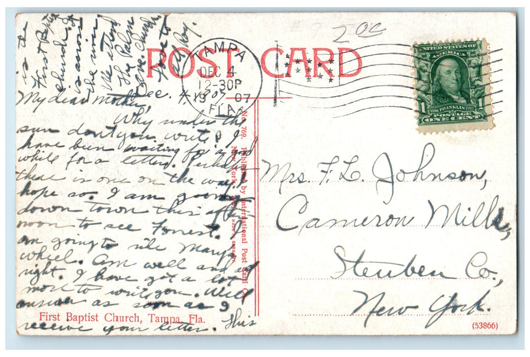 1907 First Baptist Church Building Cross Tower Stairs Tampa Florida FL Postcard
