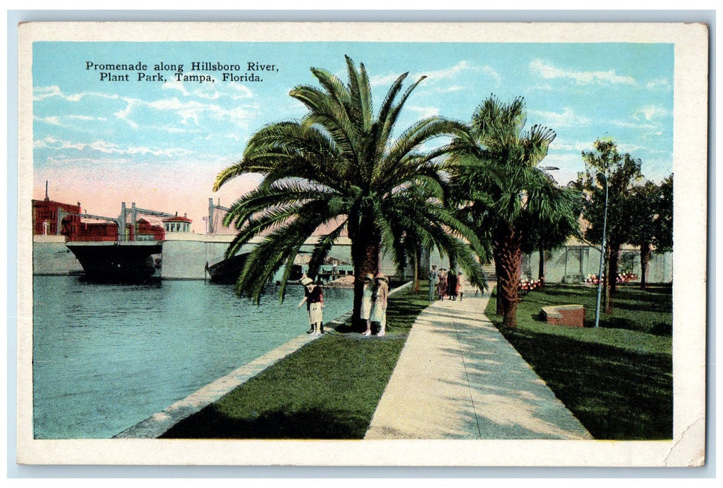 c1920 Promenade Along Hillsboro River Plant Park Tourist Boats Tampa FL Postcard