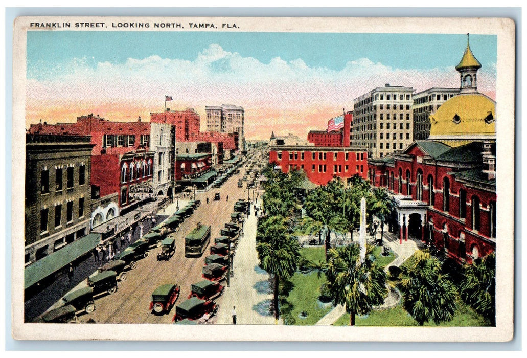 c1920's Franklin Street Classic Cars Railway Trolley Buildings Tampa FL Postcard