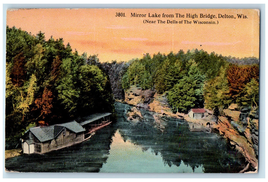 1914 Mirror Lake From High Bridge Boating Grove Shed Harbor Delton WI Postcard