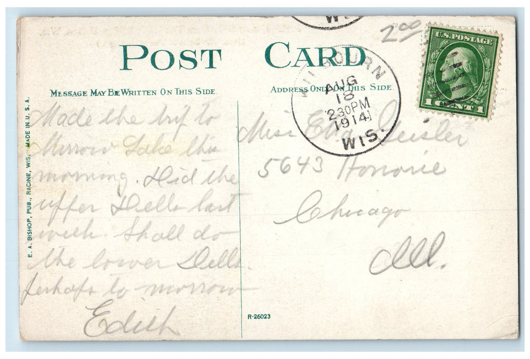 1914 Mirror Lake From High Bridge Boating Grove Shed Harbor Delton WI Postcard