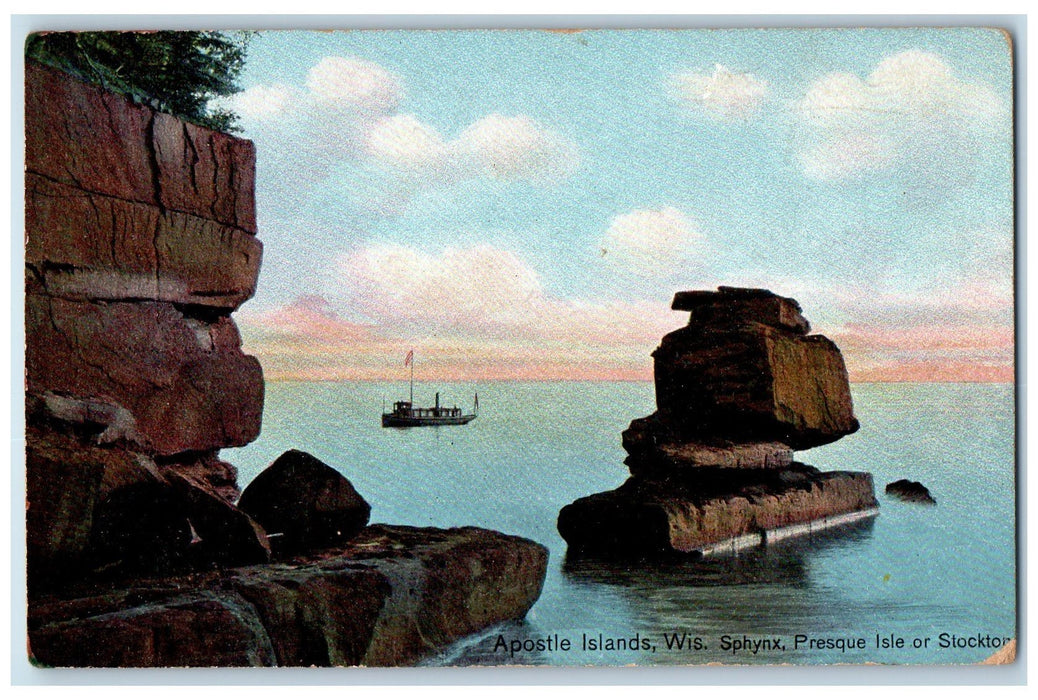 c1950's Sphnx Stockton Rock Formation Boat Apostle Islands Wisconsin WI Postcard