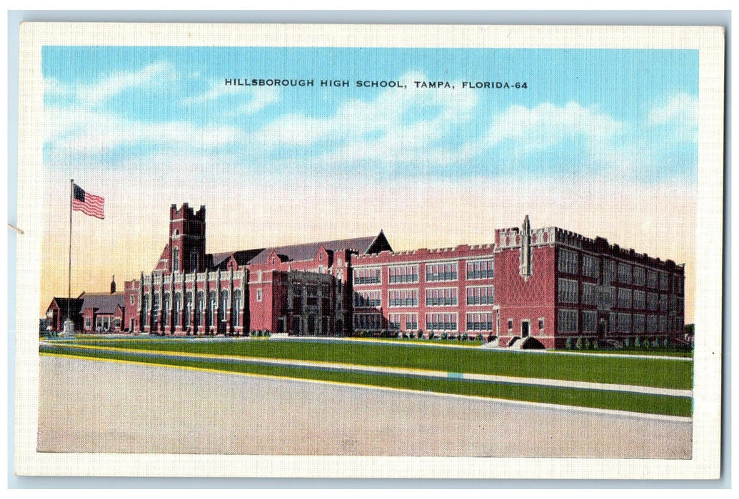 c1940's Hillsborough High School Campus Building Flag Tamp Florida FL Postcard
