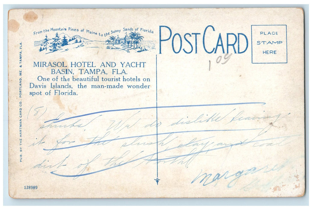 c1920 Mirasol Hotel Yacht Basin Davis Islands Restaurant View Tampa FL Postcard