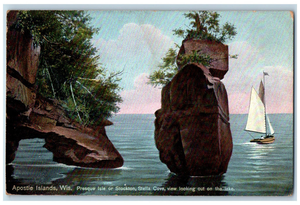 1912 Stockton Stella Cove Lake Rock Formation Boat Apostle Island WI Postcard