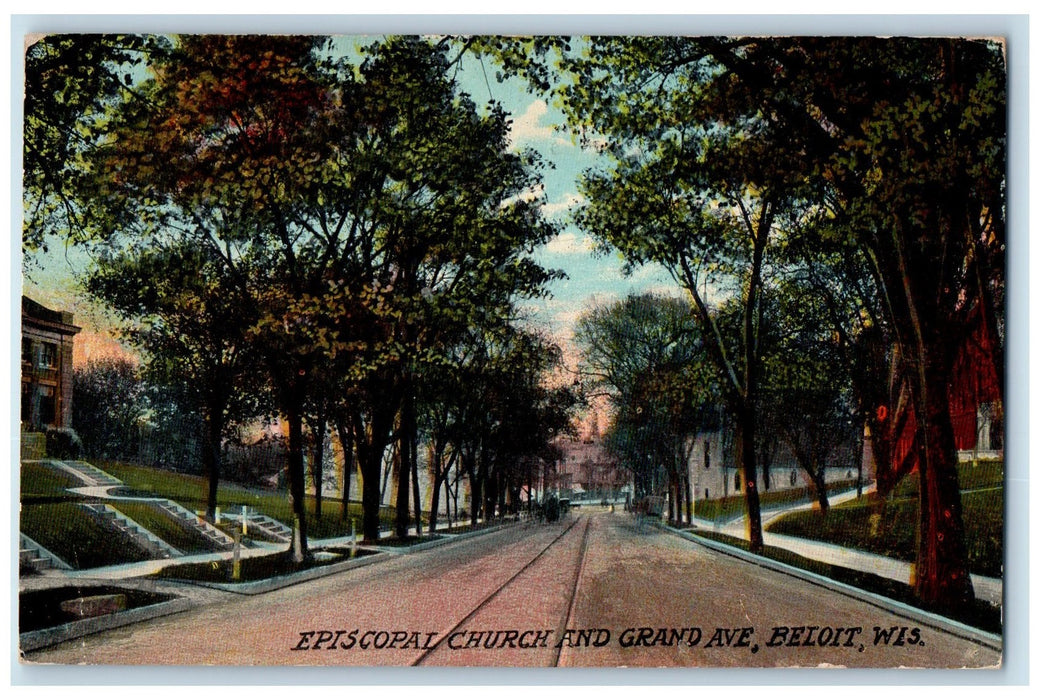 1911 Episcopal Church Grand Ave. Railway Buildings Beloit Wisconsin WI Postcard