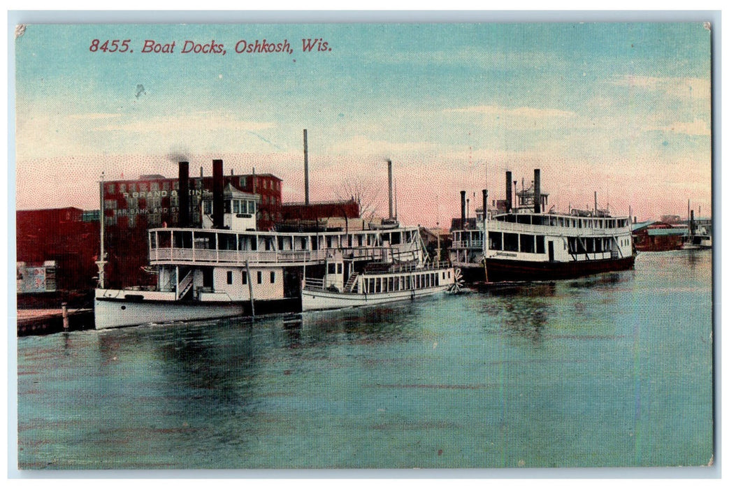 c1950 Boat Docks Passenger Ferry Boats Smokestacks Oshkosh Wisconsin WI Postcard