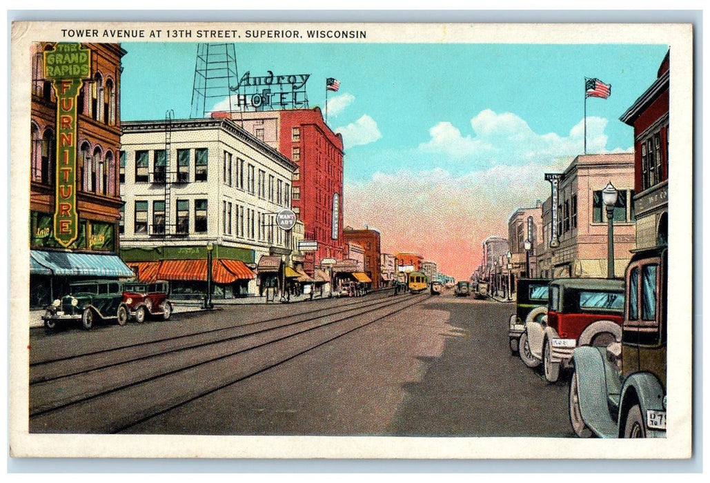 c1920 Tower Avenue 13th Street Classic Car Railway Building Superior WI Postcard