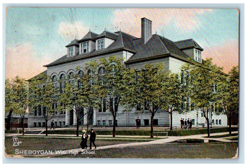 1908 High School Campus Building Students Entrance Pathway Sheboygan WI Postcard