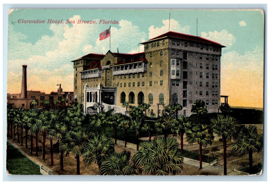 c1950's Clarendon Hotel Restaurant Building Trees Sea Breeze Florida FL Postcard
