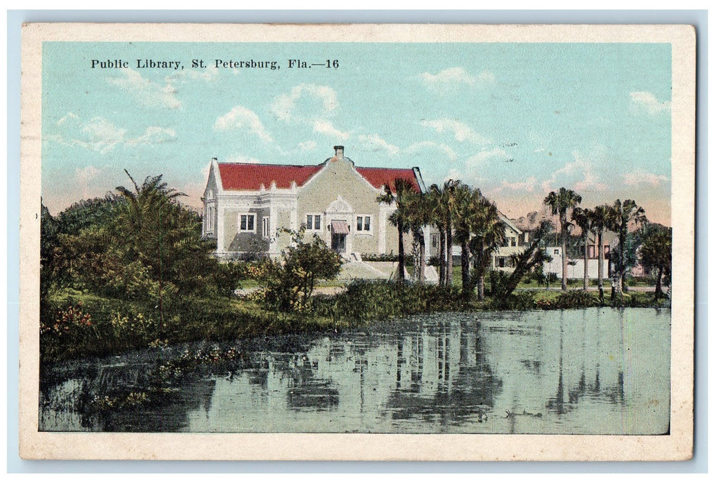 1921 Public Library Building Pond Trees Entrance View St. Petersburg FL Postcard