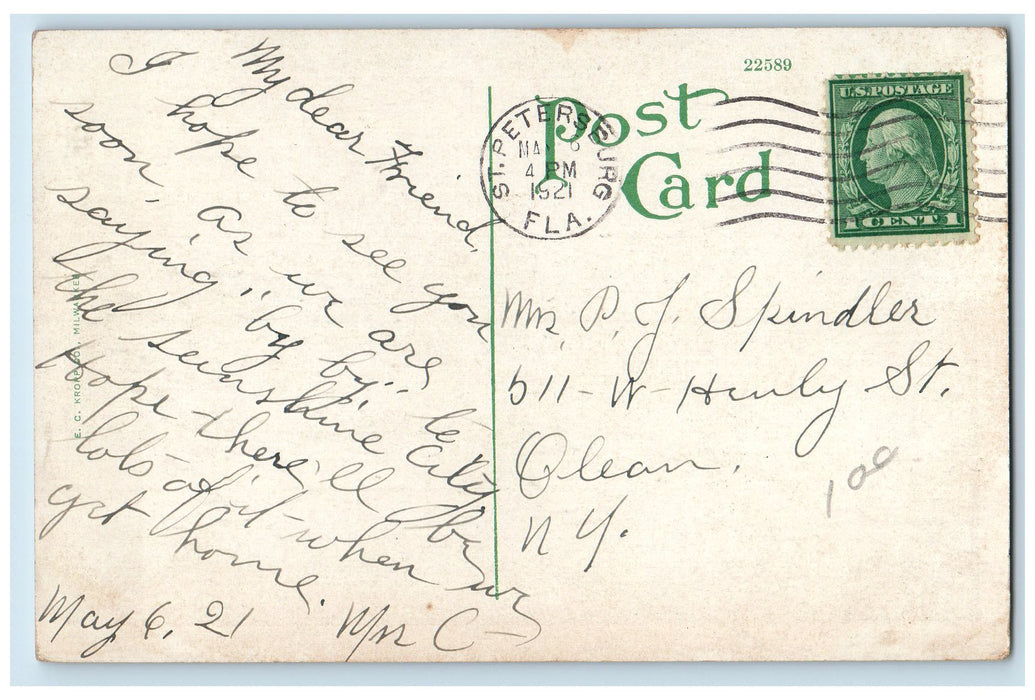 1921 Public Library Building Pond Trees Entrance View St. Petersburg FL Postcard