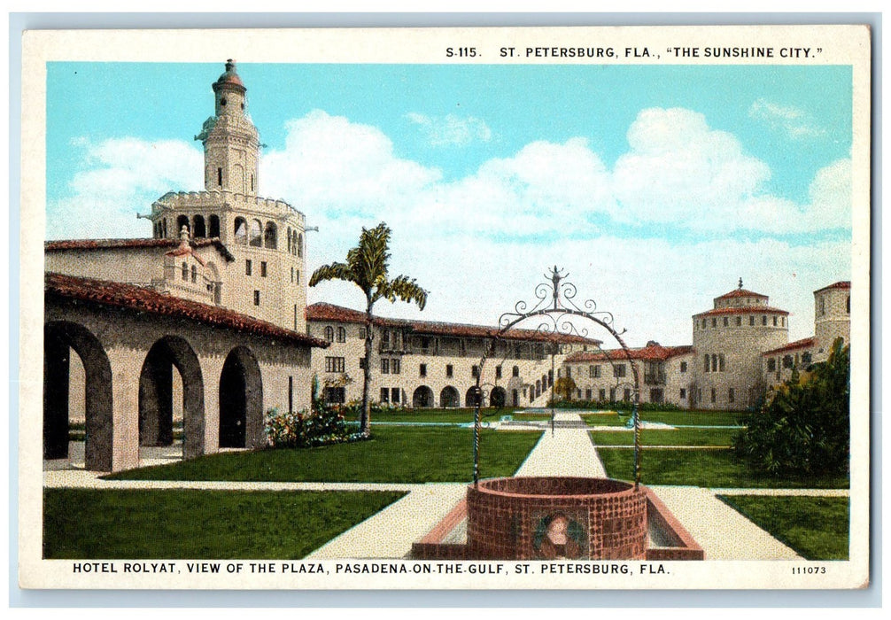 c1920's Hotel Rolyat View Plaza Pasadena Restaurant St. Petersburg FL Postcard