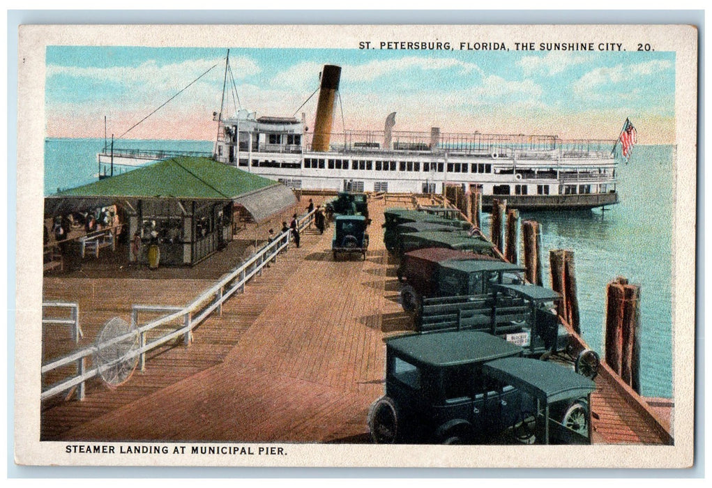 c1920 Steamer Landing Municipal Pier Classic Car Boat St. Petersburg FL Postcard
