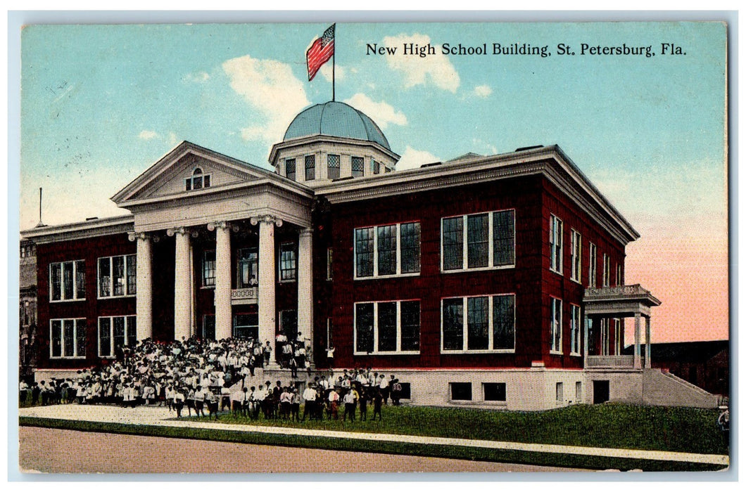 c1910 New High School Building Campus Students Front St. Petersburg FL Postcard
