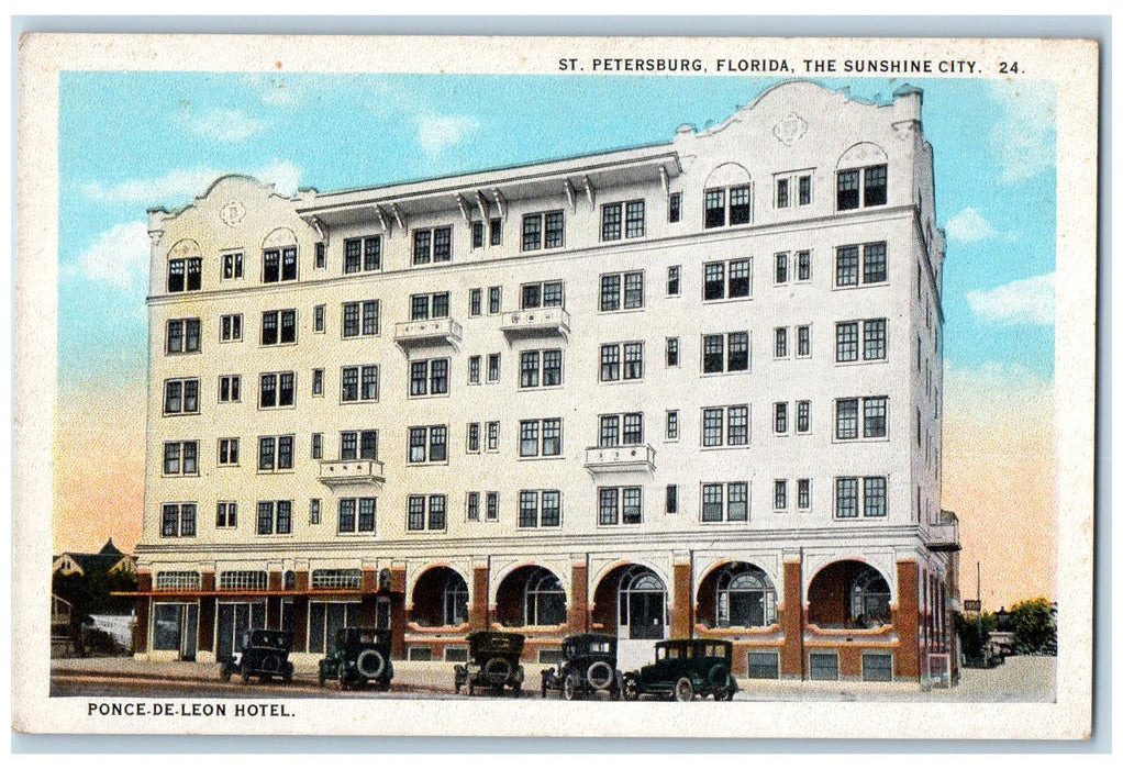 c1920's Ponce De Leon Hotel Building Restaurant Cars St. Petersburg FL Postcard