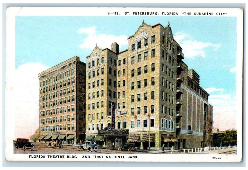 c1920 Florida Theater Building & First National Bank St. Petersburg FL Postcard