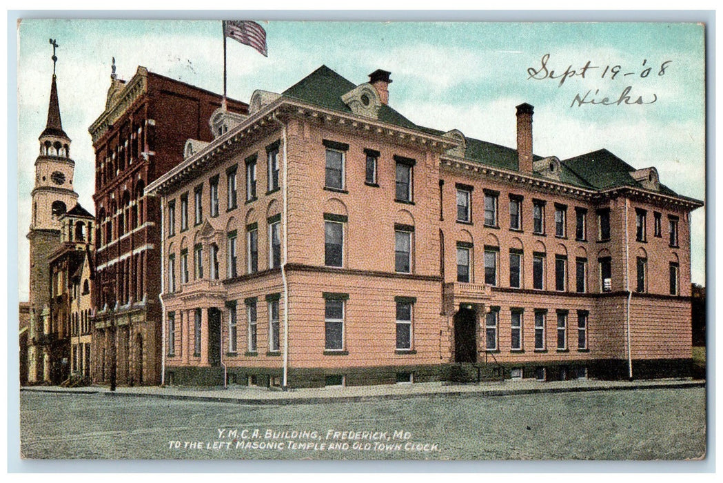 1908 YMCA Building Masonic Temple Old Town Clock Frederick Maryland MD Postcard