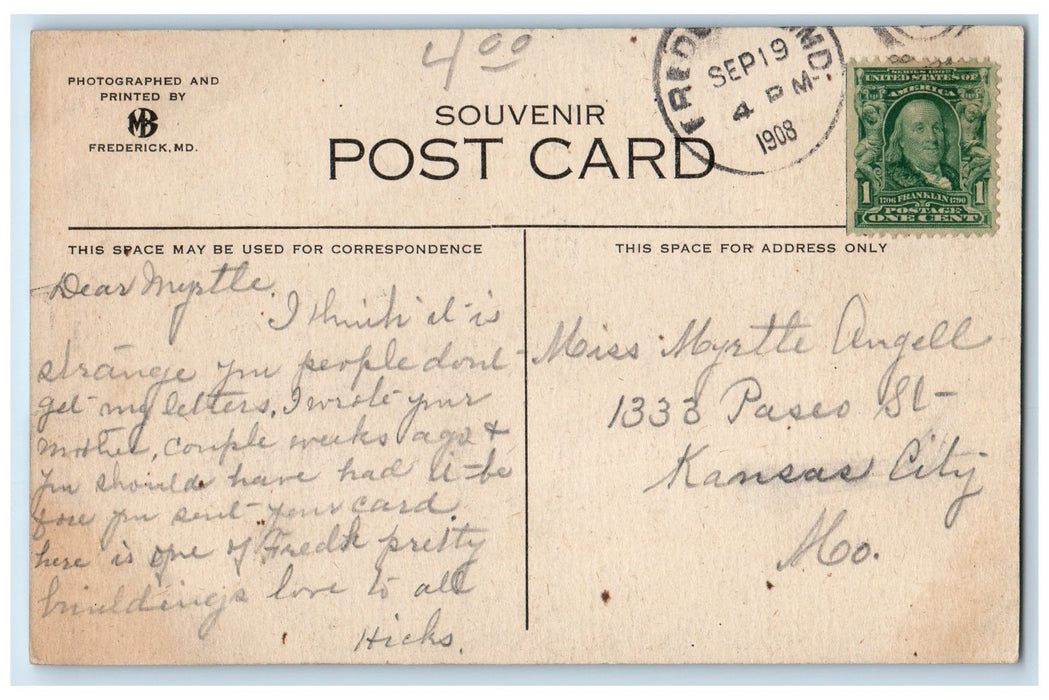1908 YMCA Building Masonic Temple Old Town Clock Frederick Maryland MD Postcard