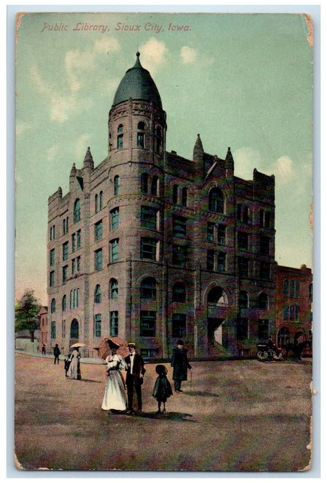 1911 Public Library Building Tower People Carriage Sioux City Iowa IA Postcard