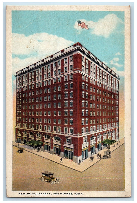 c1920's New Motel Savery Building Restaurant Classic Cars Des Moines IA Postcard