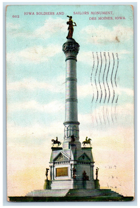 1911 Iowa Soldiers Sailors Monument Statue Tower Steps Des Moines IA Postcard