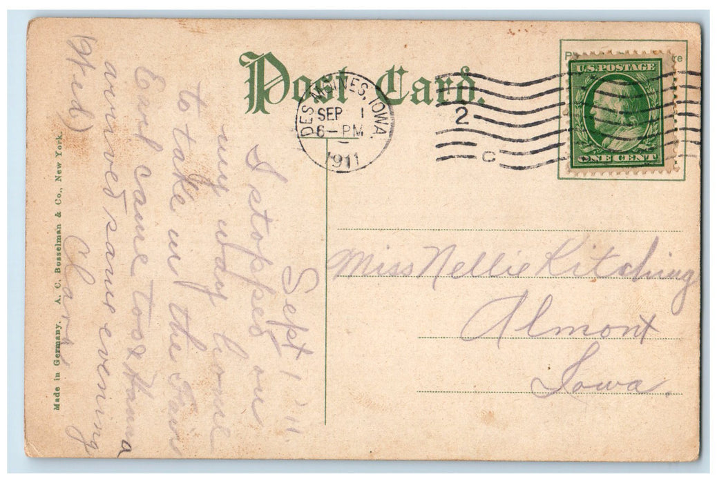1911 Iowa Soldiers Sailors Monument Statue Tower Steps Des Moines IA Postcard