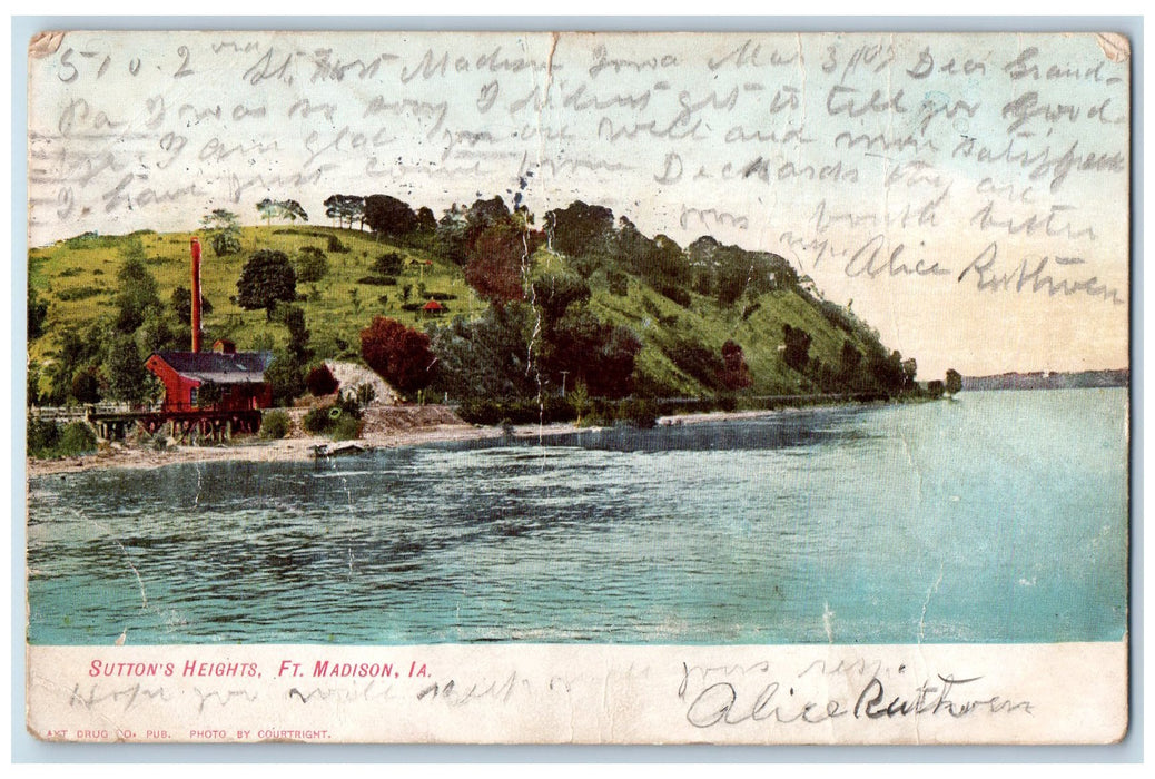 1907 Sutton's Heights River Lake Hills Bridge View Ft. Madison Iowa IA Postcard