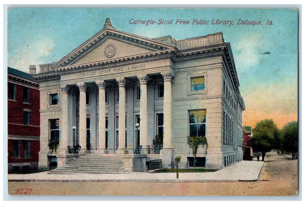 1914 Carnegie Stout Free Public Library Building Entrance Dubuque IA Postcard