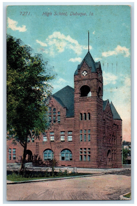 1914 High School Campus Building Dirt Road Tower Trees Dubuque Iowa IA Postcard