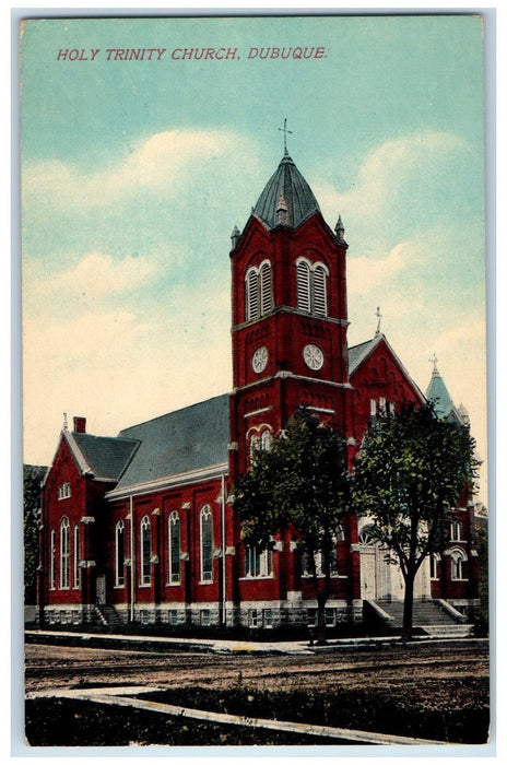 1914 Holy Trinity Church Building Dirt Road Clock Tower Dubuque Iowa IA Postcard