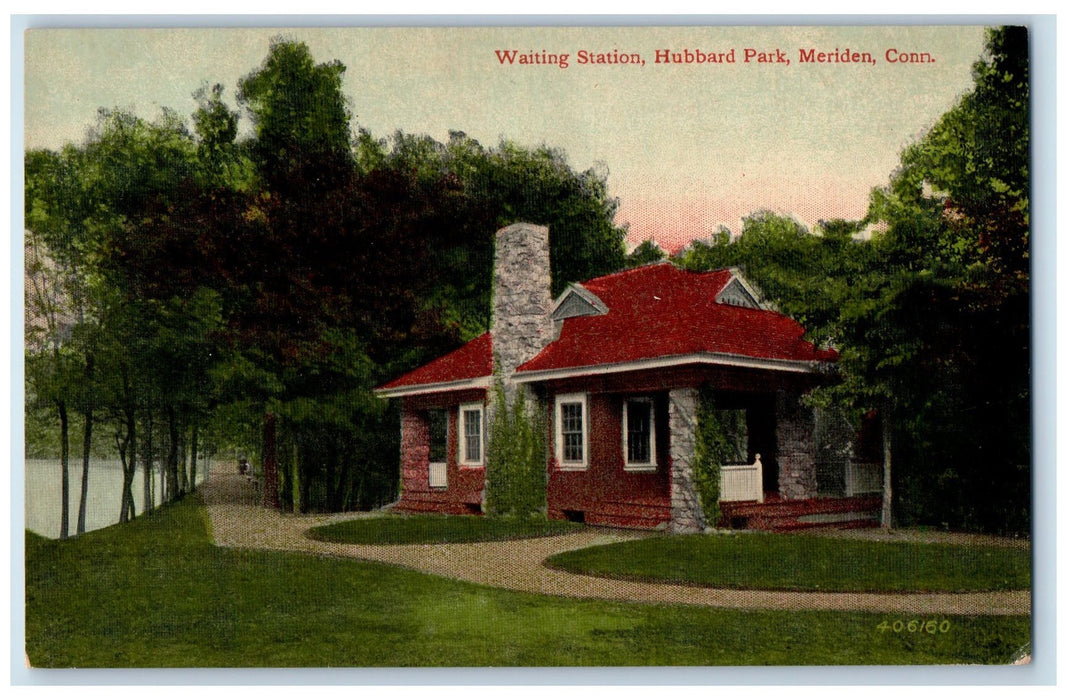 c1950's Waiting Station Hubbard Park Lake River Chimney View Meriden CT Postcard