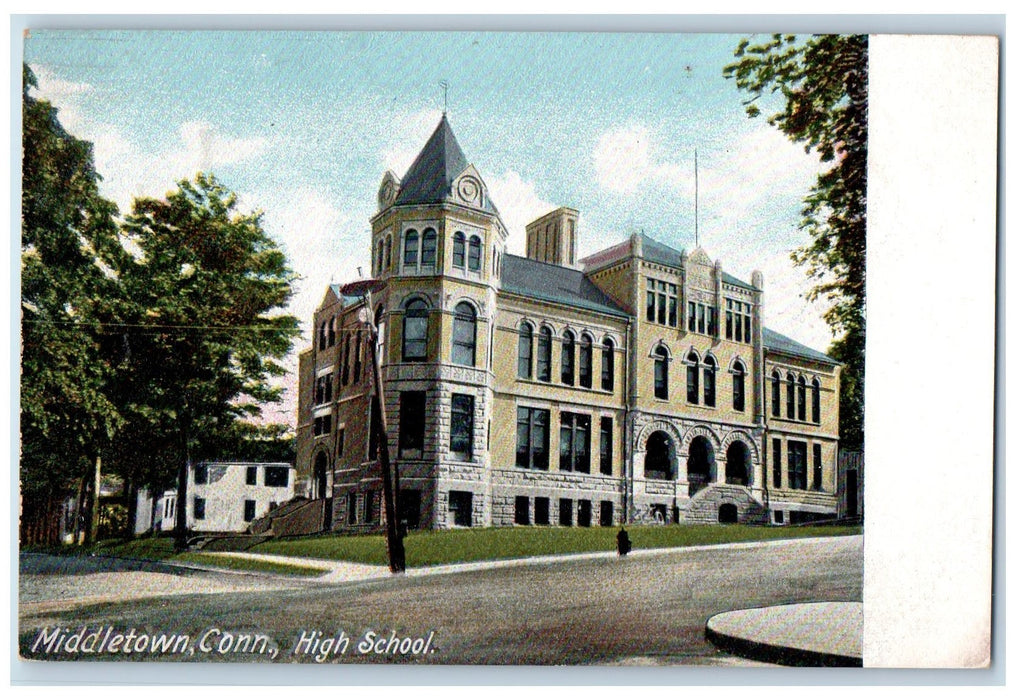 c1905 High School Campus Building Roadside Side Entrance Middletown CT Postcard