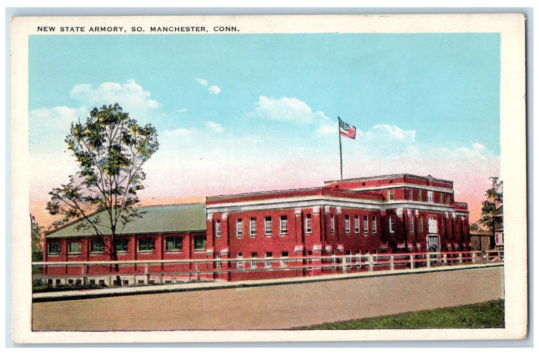 c1950's New State Armory Building Side View Flag South Manchester CT Postcard