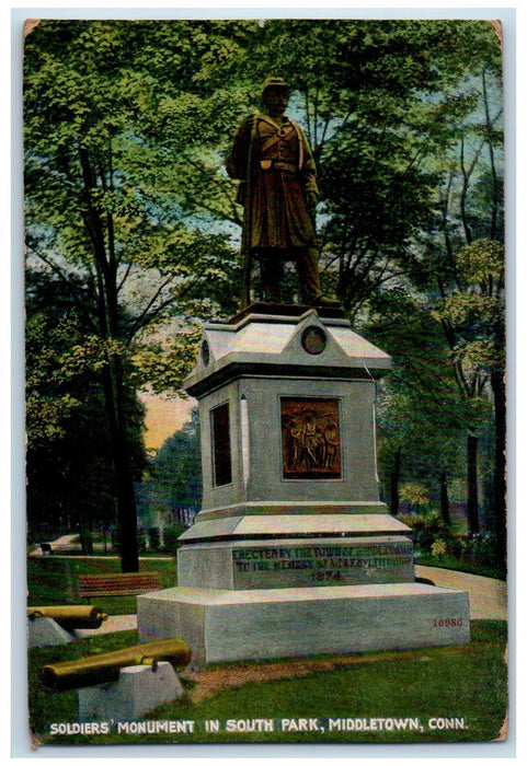 c1950's Soldier's Monument In South Park Statue Cannon Middletown CT Postcard