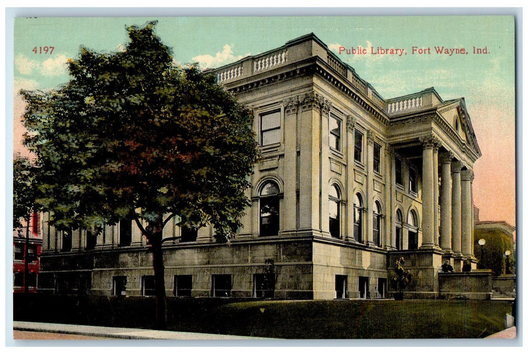 c1910s Public Library Exterior Roadside Scene Fort Wayne IN Unposted Postcard