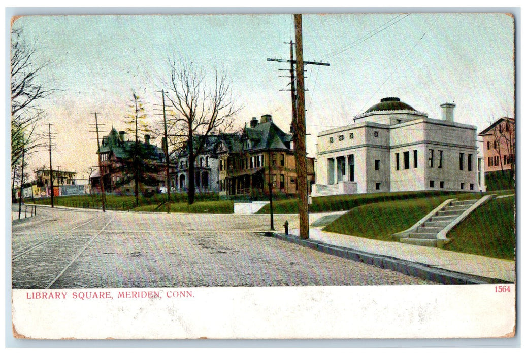 c1905 Library Square Building Railway Dirt Road Entrance Meriden CT Postcard