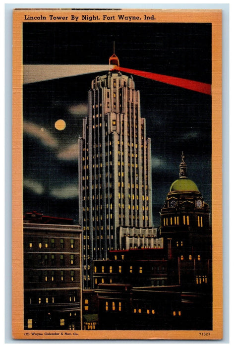 1942 Lincoln Tower Exterior By Night Fort Wayne Indiana IN Posted Moon Postcard