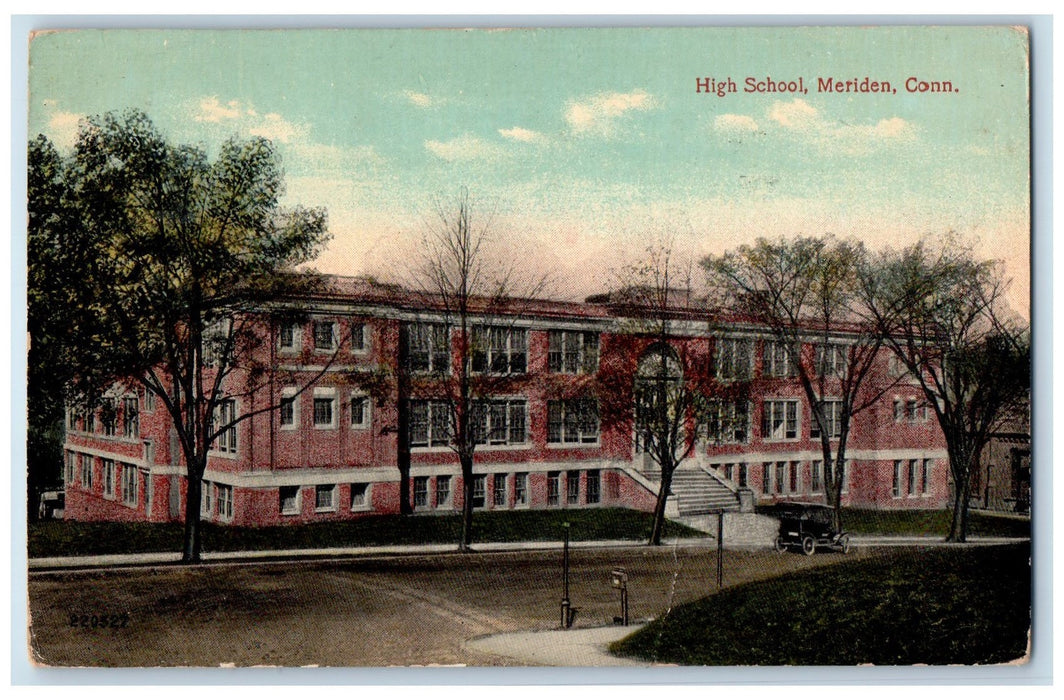 1918 High School Campus Building Stairs Entrance Classic Car Meriden CT Postcard