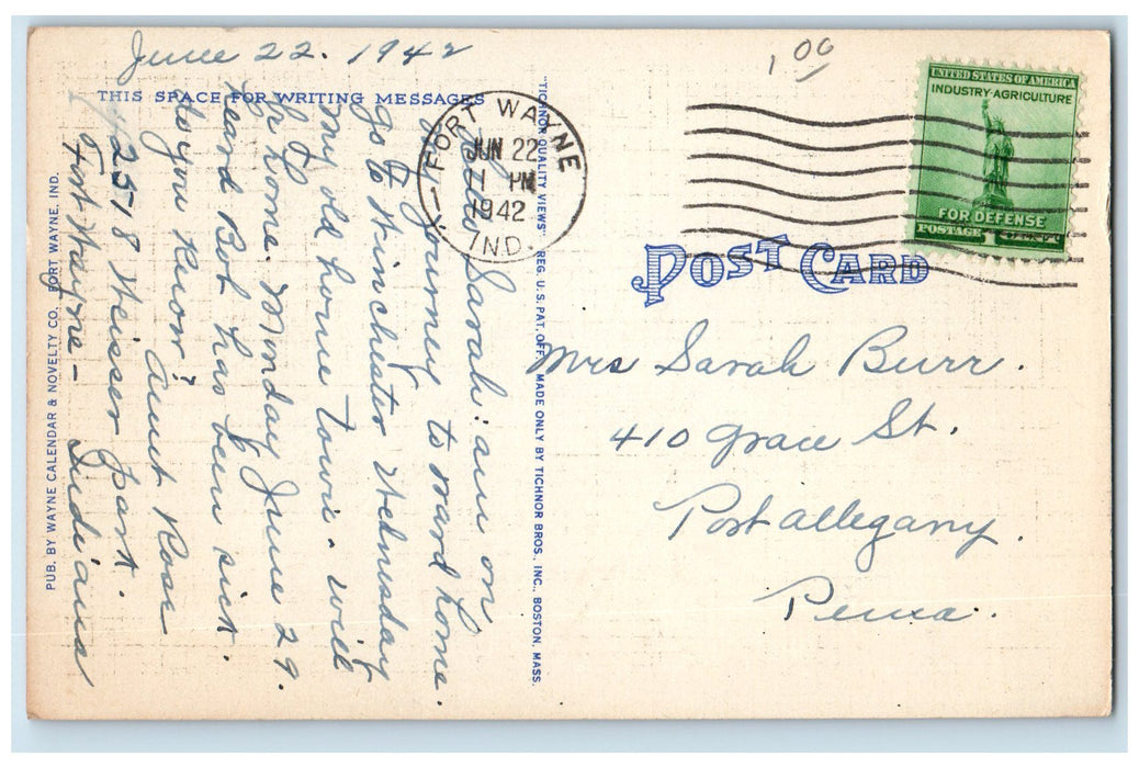 1942 Lincoln Tower Exterior By Night Fort Wayne Indiana IN Posted Moon Postcard