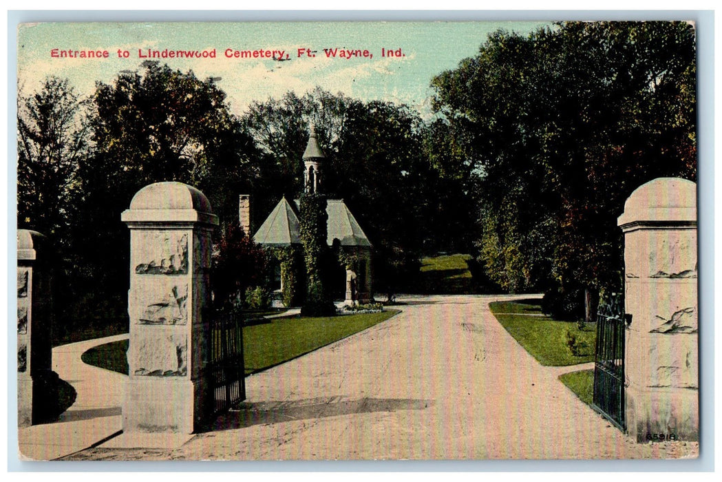 1911 Entrance To Lindenwood Cemetery Scene Fort Wayne Indiana IN Posted Postcard