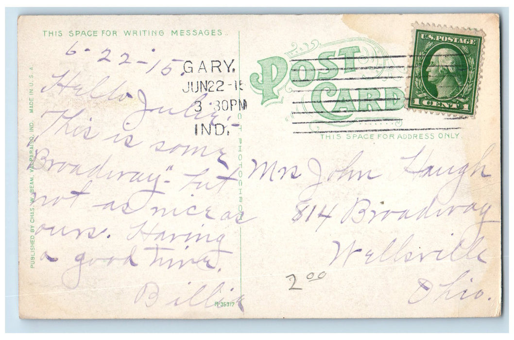 1915 Broadway At Night Moon Trolley Scene Gary Fort Wayne Indiana IN Postcard