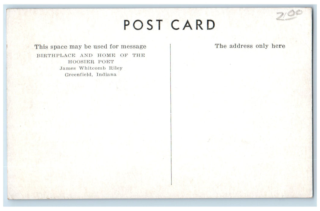 c1930's Birthplace And Home Of The Hoosier Poet Greenfield IN Unposted Postcard