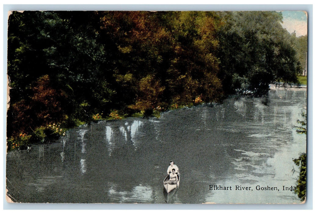 1918 Elkhart River Men Canoeing Scene Goshen Indiana IN Posted Trees Postcard