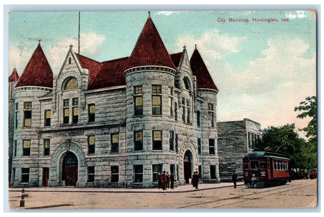1908 City Building Exterior Trolley Scene Huntington Indiana IN Posted Postcard